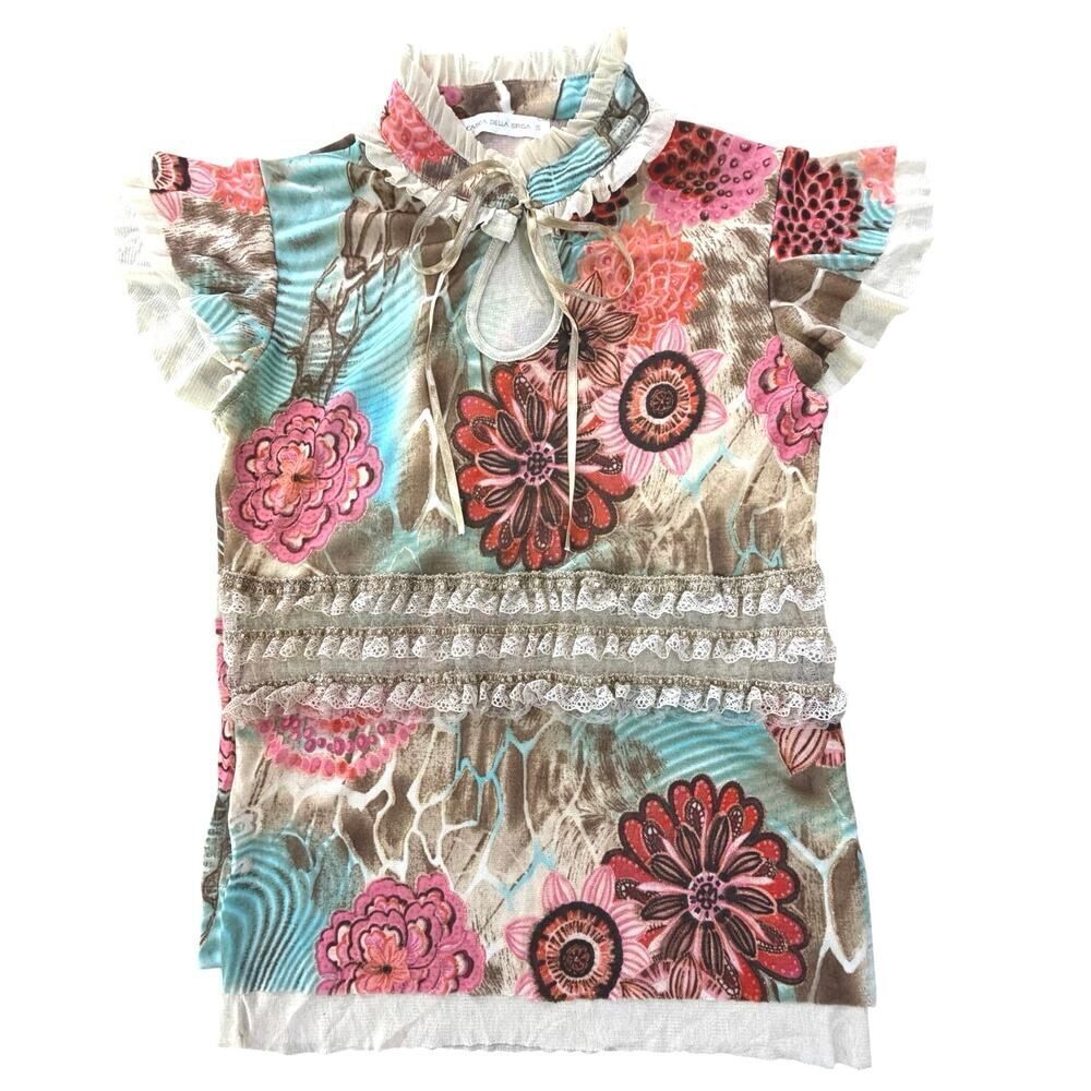 VTG Capo della Spiga Designer Mesh Top S Y2K Floral Lace Ruffle Maximalist Italy